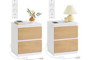 VASAGLE KAILYN Colección - Juego de 2, Mesita de Noche con Regleta de Enchufes, Mesa Auxiliar, 2 Cajones, 2 Tomas AC, 2 Puertos USB-A, Salón, Dormitorio, Amarillo Almendra LET821Y02