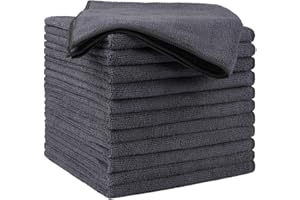HOMEXCEL Lot de 12 chiffons de nettoyage en microfibre de qualité supérieure de 40,6 x 40,6 cm pour voitures, ultra absorbants, sans traces pour voiture, cuisine et fenêtre, gris