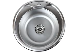 ANW HOME Fregadero de cocina redondo Ø51 cm satinado con sifón, fregadero de cocina de acero inoxidable con agujero para grifo, fregadero empotrado de acero inoxidable, pequeños fregaderos de cocina