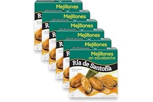 VEMOSA Mejillones en Escabeche Gigantes 10-14 piezas Ría de Santoña, Pandereta de 266g. Deliciosos mejillones seleccionados y escabechados con vinagre de vino, especias y aceite vegetal. (Pack 6)