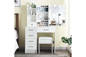 PUSELO Dressing Table Vanity Makeup Table with Lights Mirror, Drawers,Cushioned Stool,Large Makeup Desk Set Vanity Desk for Women Girls Bedroom (Modern P3056)