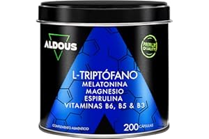 ALDOUS BIO 200 Cápsulas Triptofano con Melatonina y Magnesio + Vitamina B6, B5, B3 + Espirulina - Máxima Dosis Sueño + Descanso - 1,78mg de Melatonina con Magnesio - 600mg de Triptófano para Dormir Bien - ALDOUS