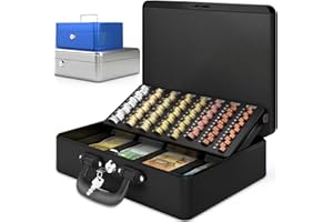 ACROPAQ Caja Fuerte Portátil - Premium, Extra grande, Con portamonedas, Contador de monedas - Caja metálica con llave, Caja caudales, Caja dinero, Caja de caudales (358 x 273 x 110 mm), color negro