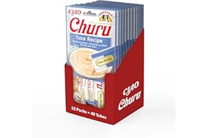 INABA Churu - Friandises pour Chats en Purée au Thon - Délicieux Snacks pour Félins - Texture Lisse et Onctueuse - Nourriture pour Chats - 48 Tubes x 14g
