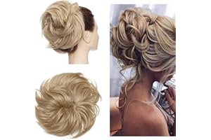 S-NOILITE Tousled Updo Chignon Désordonné Extension de Cheveux Naturels Queue de Cheval avec élastique Postiche Synthétique pour les Femmes Blond cendré