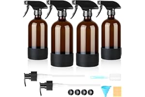 Furuising Lot de 4 Flacons Pulvérisateurs en Ambré de 480ml, Bouteille Spray Vide, Vaporisateur Verre avec Déclencheur, Pompe, Étiquette, Couvercle, Entonnoir, Brosse pour Nettoyage Huile Essentielle