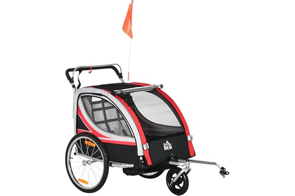 HOMCOM Remorque vélo pour Enfant 2 en 1 Convertible Jogger Poussette capacité 26,4 kg avec réflecteurs et Drapeau - 2 Places