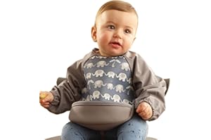 Bibetta Ultrabib - Weaning bib with sleeves - Premium Neoprene for Comfort - Waterproof Baby bibs with Crumb Catcher Pocket for Feeding Toddler & Babies - Roll Up and Machine Washable (Grey Elephants)