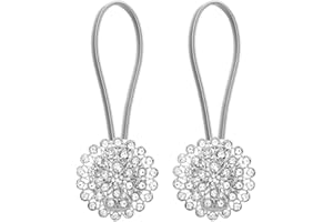 Lewondr 1 Pair Sparkling Crystal Flower Curtain Tieback Stretchy Curtain Buckle Clips Curtain Bind Stainless Spring Wire Magnetic Drapery Holder - Silver