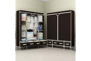 Anmas Power Canvas Wardrobe with 4 Drawers - Deep Coffee | Large Clothes Storage with Hanging Rail and Shelves, 150x45x170cm