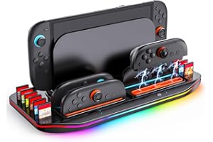 LONGYI Charging Station for Switch 2, Magnetic 4 in 1 JoyCon 2 Controller Charger with 9 Colours RGB Light, LED Indicators & 12 Game Card Storage, Fast Charging Dock Station for JoyCon