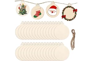 DRERIO 30 sztuk okrągłych drewnianych bombek bożonarodzeniowych, wiszące ozdoby drewniane, naturalne ozdoby świąteczne, puste drewniane ozdoby ze sznurkiem, do dekoracji choinki, rękodzieła, 30 szt