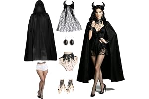 KUKUTrue® 8-delars Häxkostym Halloween Dam med Tillbehör | Gotiska Kläder för Kvinnor, Svart Mantel med Huva och Olika Gotisk