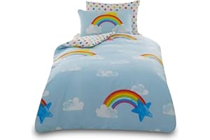 VELVETIO Easy Care Single Kids Duvet Cover Set with Pillowcase, Boys & Girls Printed Rainbow Bedding Bedset, Reversible Polycotton Polka Dots Comforter Quilt, Multi