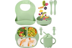 Jissta set pappa bimbo,set di svezzamento in silicone 8 pezzi con ventosa ciotola cucchiaio bavaglino della forchetta tazza da bere,stoviglie per lo svezzamento del bambino impermeabile BPA
