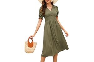 Clearlove Elegancka damska sukienka plażowa, tunika, sukienka na czas wolny, retro, na co dzień, maxi, długa sukienka midi, dekolt w serek, krótki rękaw