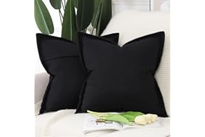 Madizz 2 Pezzi Lino Copricuscini con bordo largo Morbido Decorativo Fodere per Cuscino Lusso Stile per Divano Camera da Letto 45x45 cm Nero