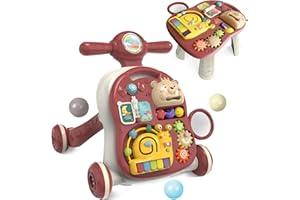 KalaDuck Andador Bebé y Mesa Actividades 3 En 1, Caminador Bebé con Centro de Actividades Desmontables, Carrito Andador de Pie para Empujar y Tirar, Juguetes Musicales para Bebés (Rojo Oscuro)