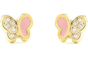 MONDE PETIT Orecchini per bambini farfalla rosa - oro giallo 9k (375) - Scatola Regalo - Certificato di garanzia
