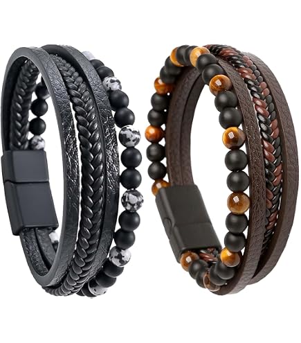 Bracciale da uomo in pelle intrecciata nera, in pelle rotonda