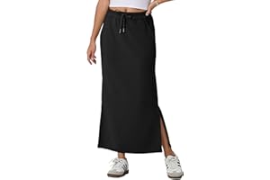 GRECERELLE Womens Maxi Thick Skirts Fall Winter Anti-Wrinkle Casual High Waisted Adjustable Drawstring Skirt with 2 Deep Pockets & Side Slit