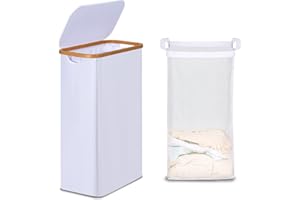 efluky Kosz na pranie z pokrywką, 75 l, wąski kosz na pranie z wewnętrzną kieszenią nadającą się do prania, biały pojemnik na pranie z bambusowymi uchwytami, składany kosz na pranie do pralni