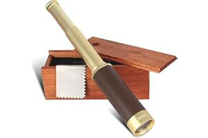 SOLDELA Coffret Longue Vue Puissante - Télescope Monoculaire - Grossissement x 25 - Lentille 30 mm - Randonnée, Chasse, Bateau, Observation des Oiseaux et Paysages - Boîte de Rangement Bois - 33 CM - Doré