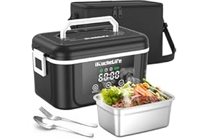 ikuchelife Scaldavivande Elettrico Portatile per Adulti con Posate in acciaio inox e Borsa Termica, a Prova di Perdite con Batteria da 18000 mAh, 1500ML Lunch Box elettrico per Auto, Camion e Ufficio