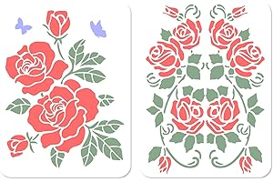 GORGECRAFT 20 * 30cm 2 Pezzi Stencil Rosa Plastica Pittura Floreale Grandi Fiori Stencil Riutilizzabili Modelli Stencil Disegno per Artigianato Fai da Te Pittura Legno Parete Tela Carta Decorazioni