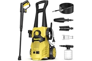 Espoma Hidrolimpiadora de Alta Presión 1400W, Presión Máx. 120 Bar, Caudal Máx. 380 l/h – Incluye Manguera de 7m, Pistola, Lanza, Boquilla Turbo y Botella de Espuma – Ideal para Hogar, Jardín y Coche