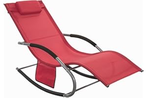 SoBuy Sun Lounger Garden Chair Recliner with Cushioned Pillow & Side Pocket Garden Rocking Chair with Steel Frame Outdoor Furniture for Patio Poolside Red OGS28-R
