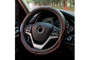 FLKAYJM Universal Fit Leather Car Steering Wheel Cover 37-38.5CM Black Red Line