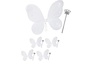 Relaxdays 5 x Fairy Wings with Magic Wand, Fairy Costume Children, Wings & Scepter, Elf Costume Glitter, Girls, Fairy Set, White & Silver