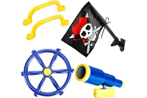 Junkin 5 Pcs Playground Equipment Plastic Pirate Steering Wheel Pirate Telescope Safety Handles Pirate Flags for Outdoor Backyard Swing Set Playhouse Tree House Jungle Gym Accessories (Blue)