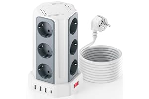 SAMERIVER Regleta Vertical Enchufes 16A Regleta Enchufe con 12 Tomas Corrientes y 4 Rápida USB Tomas Proteccion Sobretension Cable de Extensión de 5M y Tapón de Seguridad con Interruptor para Casa Oficina