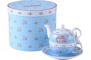 London Boutique Tea for One, Teapot Tea cup Saucer Set Gifts for Women Afternoon Tea Set for 1 Vintage Rose Flora Porcelain Gift for Her (Rose Blue)