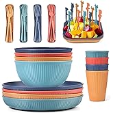 RHM 48Pcs Dinner Set for 4 - Camping Picnic Plates Bowls and Cutlery Set - Unbreakable Tableware - Microwave & Dishwasher Saf