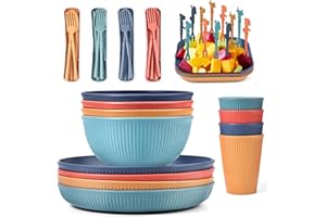 RHM 48Pcs Dinner Set for 4 - Camping Picnic Plates Bowls and Cutlery Set - Unbreakable Tableware - Microwave & Dishwasher Safe - Perfect for Camping, Picnic, RV, Dorm - Great for Kids, Elderly