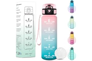 Baramumu Gourde, 500ML Sans BPA, Gourde Enfant, Avec Horodatage, Bouteille Anti Fuite, Conception de Verrouillage Anti-Fuite, Bouteille plastique pour École, Yoga, En cours d'exécution - Rose&cyan
