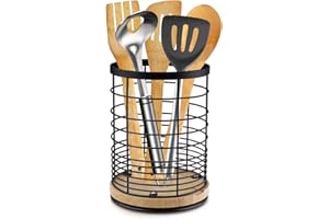 Velicber Giratorio Soporte para Utensilios de Cocina Redondo Organizador de Utensilios de Acero Inoxidable con Base de Madera Grande Escurre Cubiertos de Cocina, 13.5 x 13.5 x 18.5 cm (Negro)