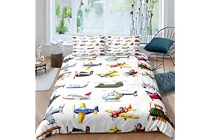 FEELINGYOU Cartoon Flugzeuge Bettwäsche-Set Arten Flugzeuge Bettwäsche Set 135x200cm Spielzeug Flugzeuge Betten Set für Kinder Jungen Mädchen Teenager 2St.Reißverschluss Mikrofaser