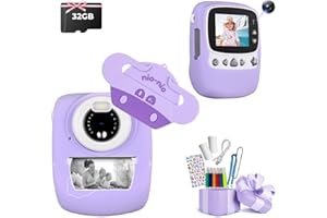 FINE LIFE PRO Aparat dziecięcy, 30 MP 1080p, aparat natychmiastowy dla dzieci, czarno-białe, z ekranem 2,4 cala, aparat cyfrowy dla dzieci z kartą TF 32 GB, 6 kolorów pisaka pędzla, podwójny aparat, prezent dla dzieci, fioletowy