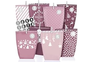 ANYUNKEY Adventskalender Tüten zum Befüllen 2025, Weihnachtskalender Papiertüten zum Selber Basteln, rosa Stil, 24 XXL Geschenktüten für Kinder frauen mädchen,Wiederverwendbar