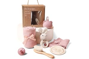 WOODEN TEETHER Cadeau Naissance, Coffret Naissance Fille et Garcon pour Bebe avec Hochet Tricoté Main, Brosse Bebe, Tétine mam, Serviette de Bain Bebe, Bavoir Bébé, Carte Etape Bebe (Lapin)