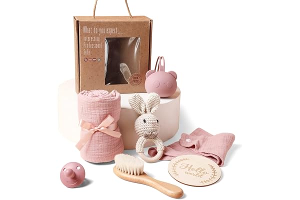 Cadeau Naissance, Coffret Naissance Fille et Garcon pour Bebe avec Hochet Tricoté Main, Brosse Bebe, Tétine mam, Serviette de Bain Bebe, Bavoir Bébé, Carte Etape Bebe (Lapin)
