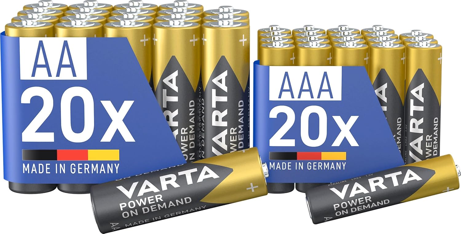 VARTA Pilas 20x AA & 20x AAA, Mix Pack, paquete de 40, Power On Demand, alcalinas, paquete de almacenamiento, para accesorios de ordenador, para Smart Home, Made in Germany (Exclusivo en Amazon) | 20x Mignon LR6 y 20x Micro LR03 1,5 V, Made in Germany, conservación hasta 10 años, para accesorios de ordenador