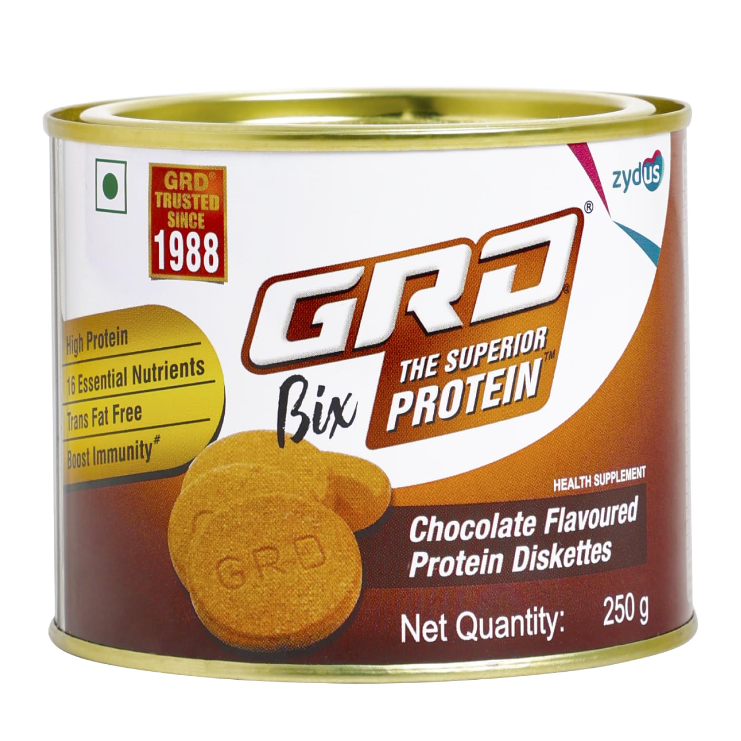 GRD Bix Chocolate Flavoured High Protein Biscuits/Diskettes With Immuno Nutrients, - 250 Gm