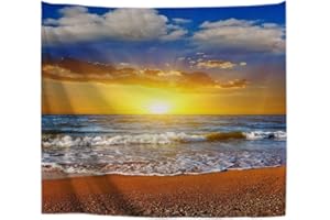 A.Monamour Wanddekor Wandbild Vorhang Wandteppiche Strand Sonnenaufgang Blau Bewölkt Himmel Meer Meer Strand Natur Landschaft Landschaft Bild Stoff Wand Tapisserie Wandbehänge 180x230cm
