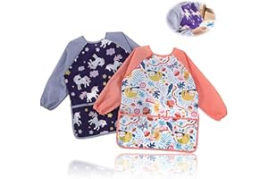 Crrynuo 2 Stück Malkittel Kinder, Malschürze Wasserdicht Kinder für Kinder 3-8 Jahre - Größe M, Bastelschürze mit 3 Taschen Malerkittel mit Langen Ärmeln für Schule, Malerei, Kochen, Essen