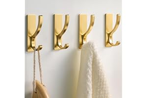PICKPIFF Adhesive Wall Hooks for Towels Coats - Stick On Hooks Hanging Heavy Duty (13lb), Metal Hook for Door, Bathroom, Dorm, Closet - Hanger for Purse, Bag, Robe,Backpack - No Damage to Wall - Gold 4 Pack